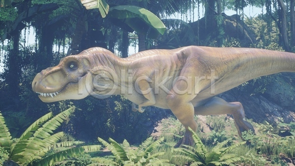 사람없음 3D JPG 해외이미지 걷기 고생물 나무 숲 야생동물 야외 육식공룡 주간 쥬라기 티라노사우루스 풀(식물) 한마리