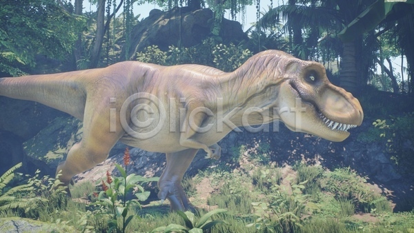 사람없음 3D JPG 해외이미지 걷기 고생물 나무 숲 야생동물 야외 육식공룡 주간 쥬라기 티라노사우루스 풀(식물) 한마리