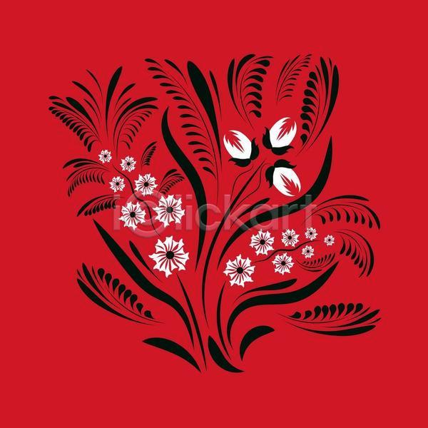 화려 사람없음 EPS 일러스트 해외이미지 검은색 꽃 디자인 미술 민화 빨간색 잎