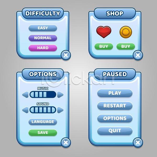사람없음 EPS 일러스트 해외이미지 UI 게임 구매 금화 단계 동전 메뉴 옵션 인터페이스 하늘색 하트 환경설정