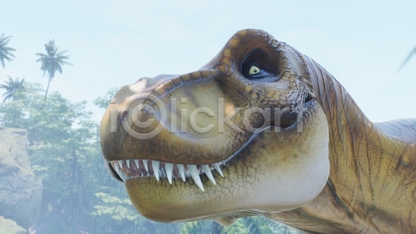 사람없음 3D JPG 근접촬영 해외이미지 고생물 나무 숲 야생동물 야외 육식공룡 주간 쥬라기 티라노사우루스 한마리