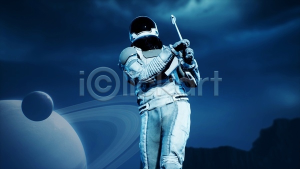 사람 한명 3D JPG 디지털합성 해외이미지 SF 골프 골프채 상반신 스윙 우주복 우주비행사 우주선 하늘 행성