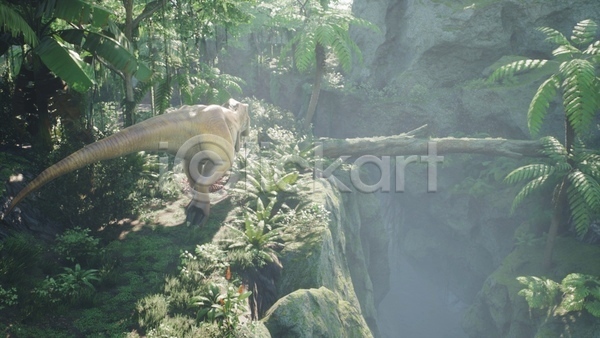 사람없음 3D JPG 해외이미지 걷기 고생물 길 나무 숲 야생동물 야외 육식공룡 절벽 주간 쥬라기 티라노사우루스 풀(식물) 한마리