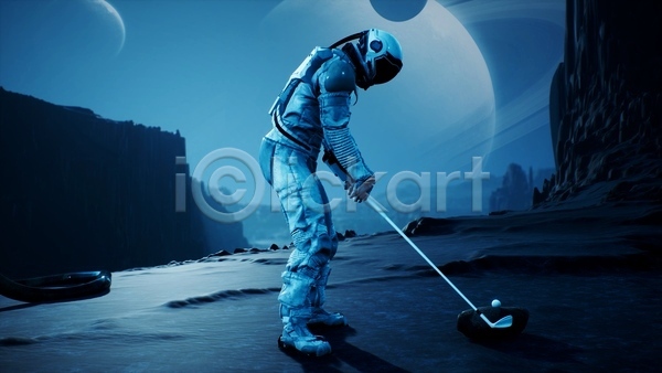 사람 한명 3D JPG 디지털합성 해외이미지 SF 골프 골프공 골프채 서기 우주복 우주비행사 잡기 전신 절벽 준비자세 하늘 행성