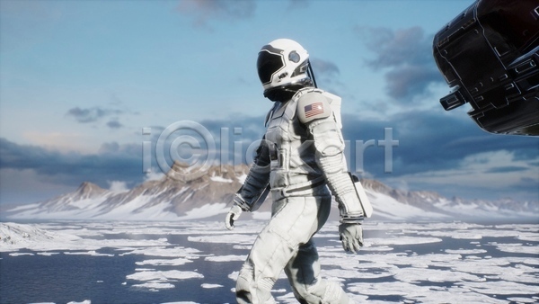사람 한명 3D JPG 디지털합성 해외이미지 SF 걷기 겨울 구름(자연) 산 우주복 우주비행사 우주선 하늘