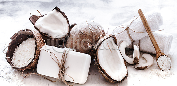 사람없음 JPG 포토 해외이미지 바디케어 수건 수제비누 스파용품 오브젝트 입욕소금 코코넛 흰색