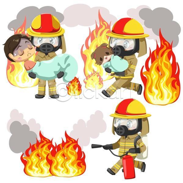 구출 보호 위험 남자 사람 성인 성인남자만 여러명 EPS 일러스트 해외이미지 동물 들기 들어올리기 불 소방관 소방복 소화기 전신 직업 클립아트 화재