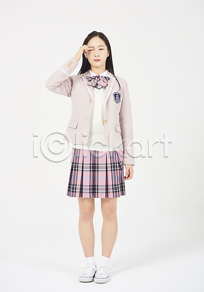 피곤 10대 고등학생 사람 십대여자한명만 여자 청소년 한국인 한명 JPG 앞모습 포토 고등교육 교복 교육 누끼 눈(신체부위) 모션 서기 스튜디오촬영 실내 십대라이프스타일 여고생 여학생 전신 학생 흰배경