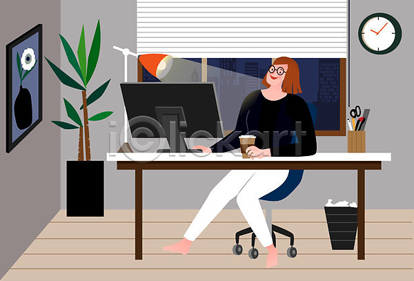 사람 성인 성인여자한명만 여자 한명 AI(파일형식) 일러스트 라이프스타일 소확행 시계 싱글 싱글라이프 앉기 욜로라이프 우먼라이프 의자 인터넷 일상 전등 전신 창가 책상 취미 커피 컴퓨터 혼족 화분