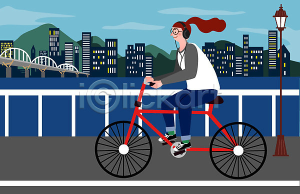 사람 성인 성인여자한명만 여자 한명 AI(파일형식) 일러스트 가로등 강가 다리(건축물) 도시 라이프스타일 빌딩 소확행 싱글 싱글라이프 욜로라이프 우먼라이프 일상 자전거 전신 취미 헤드셋 혼족