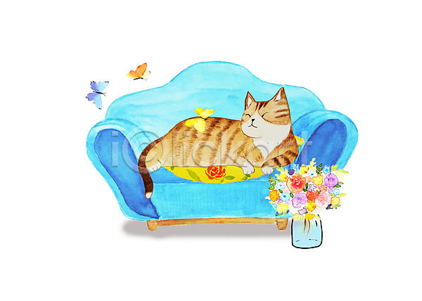 감성 귀여움 화려 사람없음 PSD 일러스트 고양이 꽃병 나뭇잎 나비 눕기 반려동물 반려묘 밝음 붓터치 세마리 소파 수채화(물감) 잠 파란색 한마리