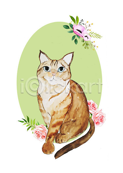 감성 귀여움 화려 사람없음 PSD 일러스트 고양이 꽃 나뭇잎 반려동물 반려묘 밝음 붓터치 수채화(물감) 식물 한마리