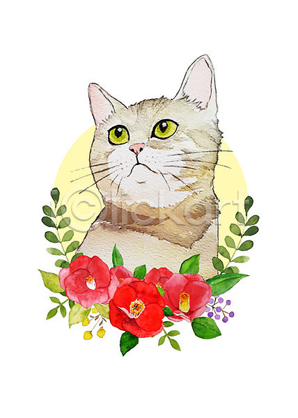 감성 귀여움 화려 사람없음 PSD 일러스트 고양이 꽃 나뭇잎 반려동물 반려묘 밝음 붓터치 빨간색 수채화(물감) 응시 잎 한마리