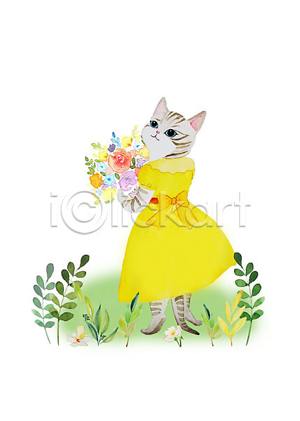 감성 귀여움 화려 사람없음 PSD 일러스트 고양이 꽃 꽃다발 나뭇잎 들기 들풀 반려동물 반려묘 밝음 붓터치 수채화(물감) 원피스 의인화 캐릭터 풀잎 한마리