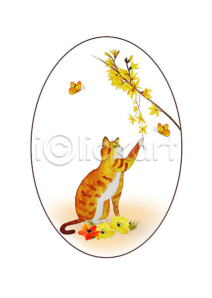 감성 귀여움 화려 사람없음 PSD 일러스트 개나리 고양이 꽃 나뭇잎 나비 두마리 반려동물 반려묘 밝음 봄 붓터치 수채화(물감) 식물 한마리
