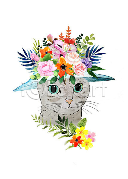 감성 귀여움 화려 사람없음 PSD 일러스트 고양이 꽃 나뭇잎 모자(잡화) 반려동물 반려묘 밝음 붓터치 수채화(물감) 식물 한마리