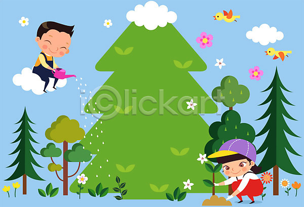 남자 두명 사람 어린이 여자 AI(파일형식) 일러스트 프레임일러스트 구름(자연) 기념일 꽃 나무 나무가꾸기 나무심기 돌봄 두마리 묘목 물뿌리개 물주기 새싹 숲 식목일 앉기 이벤트 잎 전신 조류 프레임