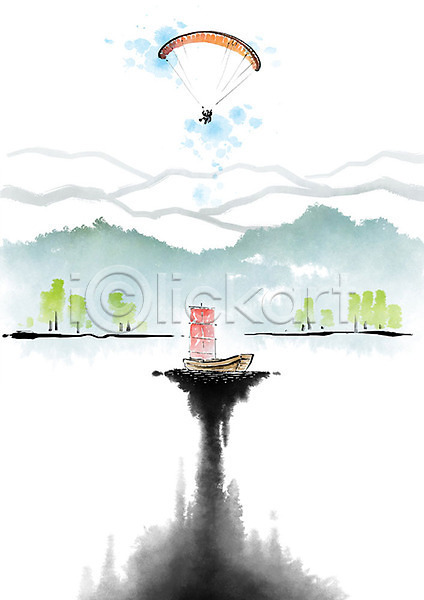 남자 사람 성인 한명 PSD 일러스트 흑백 강 나무 돛단배 레저 물 번짐 붓터치 빨간색 산 전신 초록색 캘리그라피 패러글라이딩 풍경(경치) 호수