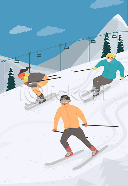 남자 사람 성인 세명 여자 AI(파일형식) 일러스트 겨울 겨울산 겨울스포츠 눈(날씨) 눈덮임 리프트 스키 스키장 스포츠 워라밸 전신 취미