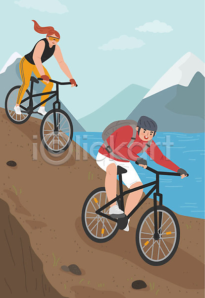 남자 두명 사람 성인 여자 AI(파일형식) 일러스트 갈색 강 도전 산 산악자전거 여름(계절) 워라밸 익스트림스포츠 자전거 전신 취미 헬멧 호수