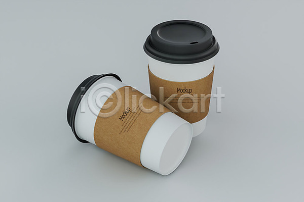 사람없음 3D PSD 디지털합성 편집이미지 3D소스 두개 목업 쓰러짐 커피 컵뚜껑 컵홀더 테이크아웃 테이크아웃컵 회색배경