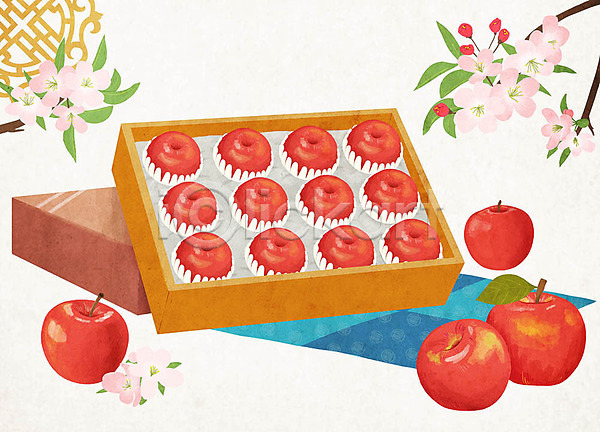 사람없음 PSD 일러스트 사과 사과꽃 사과상자 선물 선물상자 선물세트 음식 전통문양 조각보 특산물