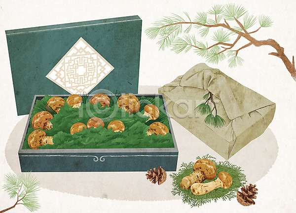 사람없음 PSD 일러스트 버섯 보자기(천) 선물 선물상자 선물세트 소나무 솔방울 솔잎 송이버섯 음식 지역 특산물 포장
