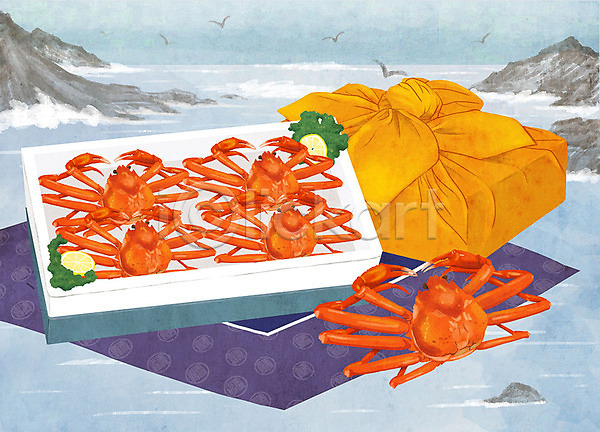 사람없음 PSD 일러스트 갈매기 대게 바다 바위 보자기(천) 선물 선물상자 선물세트 영덕대게 음식 지역 특산물 파도 해산물