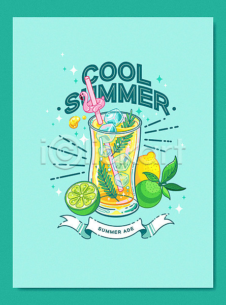 시원함 사람없음 AI(파일형식) 일러스트 과일 라벨 라임 레모네이드 레몬 얼음 에이드 여름(계절) 영어 음료 장식 초록색 카페 타이포그라피 포스터 플라밍고