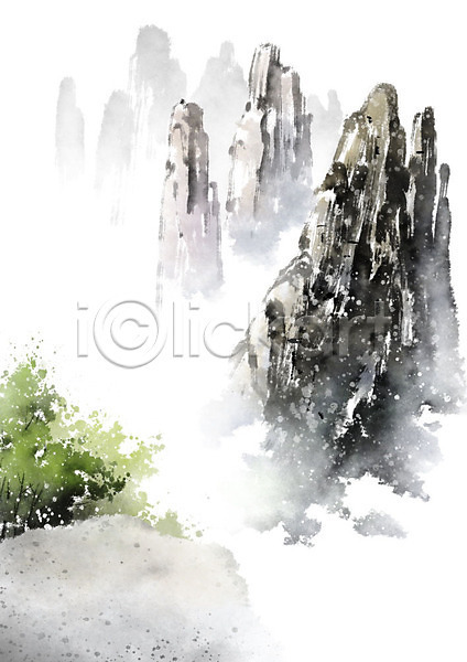 사람없음 PSD 일러스트 흑백 기암절벽 동양화 바위(돌) 바위산 번짐 붓터치 산 산수화 숲 안개 절벽 캘리그라피