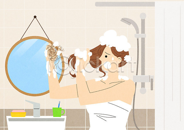 스트레스 성인 성인여자한명만 여자 한명 PSD 일러스트 거품 걱정 놀람 머리감기 머리카락 목욕타월 빠짐 샤워기 샤워커튼 샴푸 세면대 수건 욕실 탈모 탈모클리닉