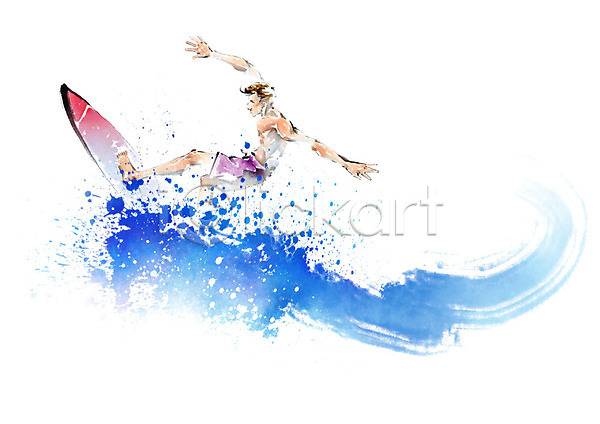 시원함 남자 성인 성인남자한명만 한명 PSD 일러스트 레저 바다 바캉스 번짐 붓터치 서핑 서핑보드 수영복 여름(계절) 여름휴가 캘리그라피 파도 파란색