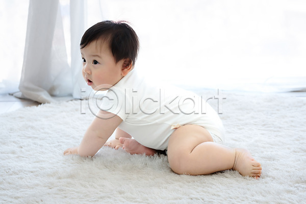 귀여움 보호 성장 남자 남자아기한명만 아기 한국인 한명 JPG 옆모습 포토 기어가기 스튜디오촬영 실내 전신 카펫 흰배경