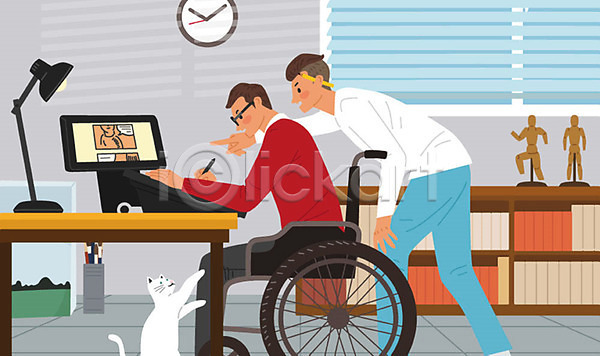구직 남자 남자만 두명 사람 AI(파일형식) 일러스트 개인지도 고양이 교육 만화 만화가 반려 작가 작업실 장애인 직업 직업체험 태블릿 휠체어