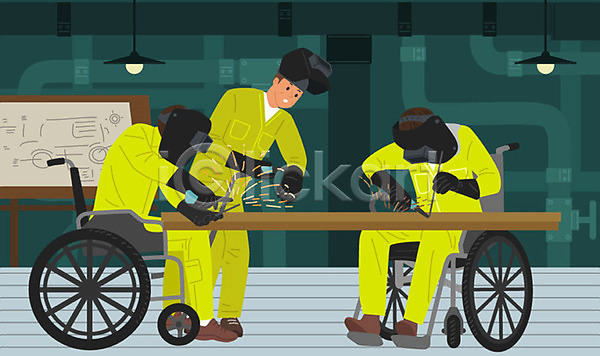 구직 위험 남자 사람 세명 AI(파일형식) 일러스트 공장 교육 기술 용접 용접공 작업복 장애인 직업 직업체험 청록색 휠체어