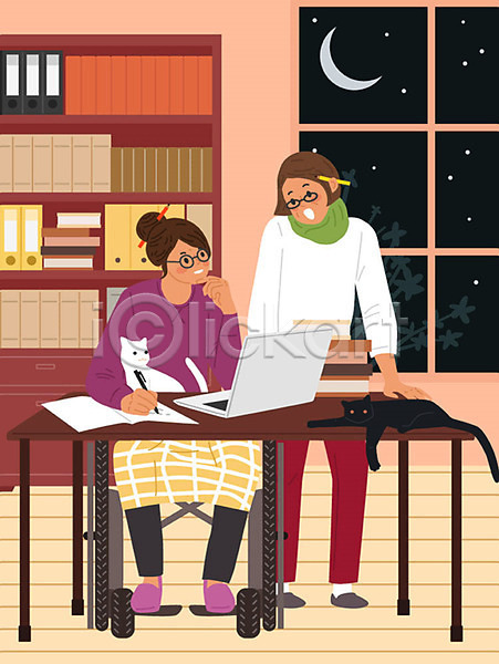 구직 두명 여자 여자만 AI(파일형식) 일러스트 고양이 교육 기록 반려 분홍색 작가 작업실 장애인 직업 직업체험 창작 책 휠체어