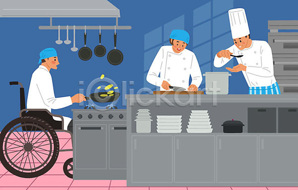 구직 체험 남자 사람 세명 여자 AI(파일형식) 일러스트 교육 불 요리 요리사 음식 장애인 주방 직업 직업체험 칼 파란색 휠체어