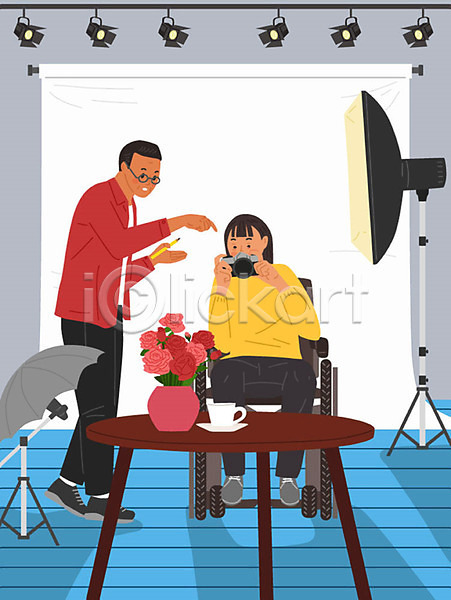 구직 남자 두명 사람 여자 AI(파일형식) 일러스트 가르침 교육 꽃 사진관 사진사 사진촬영 스튜디오 장애인 조명 직업 직업체험 카메라 커피 파란색 휠체어