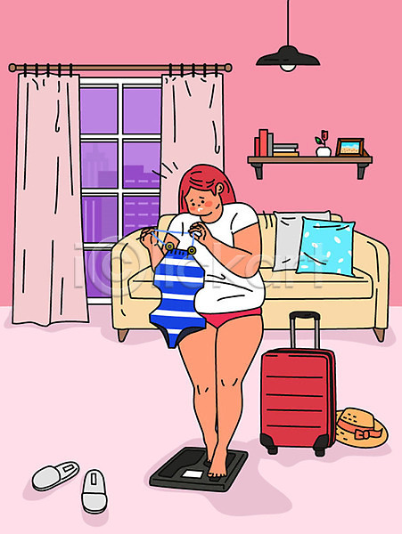 좌절 준비 사람 성인 성인여자한명만 여자 한명 AI(파일형식) 일러스트 건강 건강관리 다이어트 몸무게 분홍색 소파 수영복 여름(계절) 여행 여행가방 체중계 캐리어