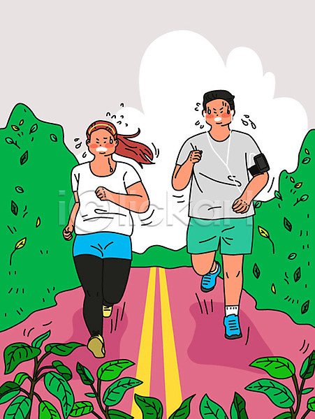 준비 남자 두명 사람 성인 성인만 여자 AI(파일형식) 일러스트 건강 건강관리 걷기 다이어트 달리기 땀 마라톤 식물 여름(계절) 열심 조깅 초록색 커플 트랙