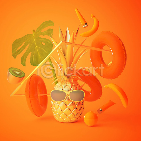 사람없음 3D PSD 디지털합성 편집이미지 그래픽 그래픽백그라운드 금색 나뭇잎 바나나 사각형 선글라스 선크림 야자수잎 여름(계절) 오브젝트 입체도형 주황색 키위 튜브 파인애플