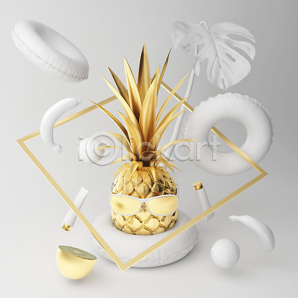 사람없음 3D PSD 디지털합성 편집이미지 그래픽 그래픽백그라운드 금색 나뭇잎 바나나 사각형 선글라스 선크림 야자수잎 여름(계절) 오브젝트 입체도형 키위 튜브 파인애플 흰색