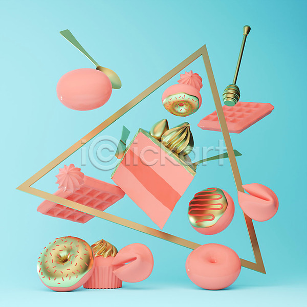 사람없음 3D PSD 디지털합성 편집이미지 간식시간 그래픽 그래픽백그라운드 금색 꿀 도넛 디저트 분홍색 삼각형 숟가락 오브젝트 와플 입체도형 컵케이크 케이크 쿠키 포춘쿠키 포크 허니디퍼