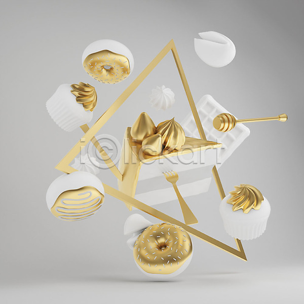 사람없음 3D PSD 디지털합성 편집이미지 간식시간 그래픽 그래픽백그라운드 금색 꿀 도넛 디저트 삼각형 숟가락 오브젝트 와플 입체도형 컵케이크 케이크 쿠키 포춘쿠키 포크 허니디퍼 흰색
