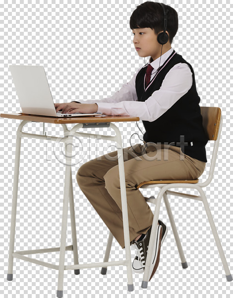 10대 남자 한국인 한명 PNG 옆모습 편집이미지 교복 남중생 남학생 노트북 앉기 의자 전신 책상 편집소스 학생 헤드셋