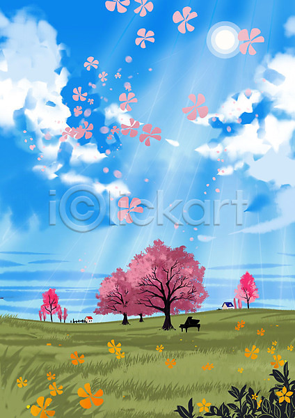 사람없음 PSD 일러스트 건반 계절백그라운드 구름(자연) 꽃잎 맑음 백그라운드 벚꽃 벚나무 봄 봄배경 악기 언덕 초원(자연) 태양 피아노(악기) 하늘 햇빛