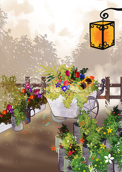 포근함 사람없음 PSD 일러스트 계절백그라운드 꽃집 백그라운드 봄 봄배경 울타리 전등 정원 화분