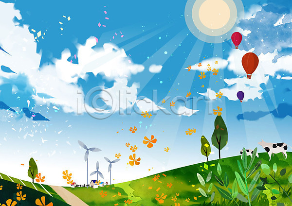 사람없음 PSD 일러스트 계절백그라운드 구름(자연) 꽃잎 맑음 목장 백그라운드 봄 봄배경 언덕 열기구 젖소 초원(자연) 태양 풍력에너지 하늘 햇빛