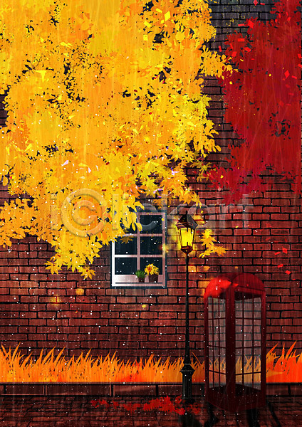 고독 사람없음 PSD 일러스트 가로등 가을(계절) 가을배경 계절백그라운드 공중전화 단풍 백그라운드 벽돌 비(날씨) 창문 화분