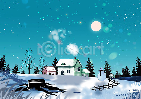포근함 사람없음 PSD 일러스트 겨울 겨울배경 계절백그라운드 나무밑둥 눈(날씨) 눈사람 달 마을 백그라운드 설원 숲 주택 하늘 햇빛